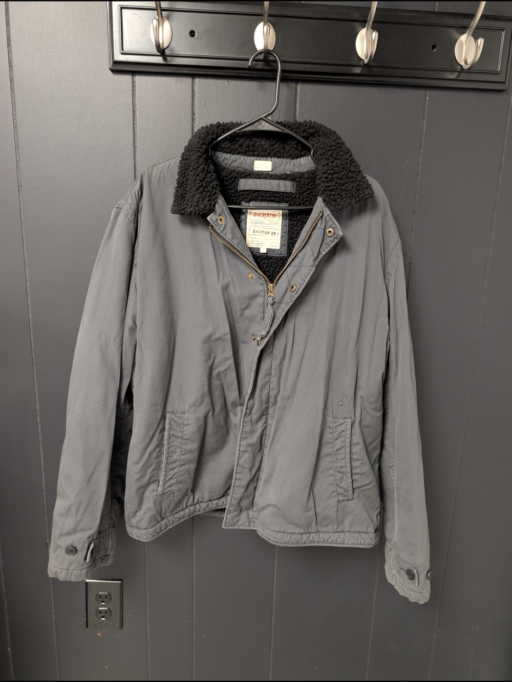 J. Crew Men's Gray Jacket with Black Fleece Lined And Black Fleece Collar